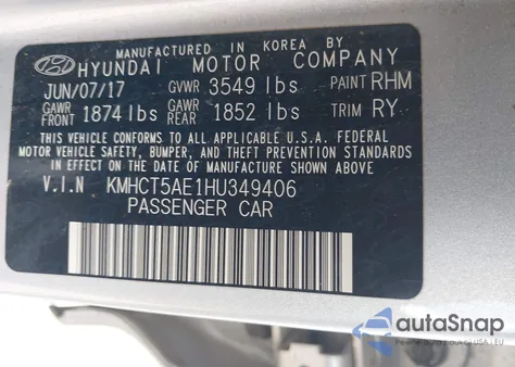 2017 Hyundai Accent Se z USA, uszkodzony, nr VIN KMHCT5AE1HU349406